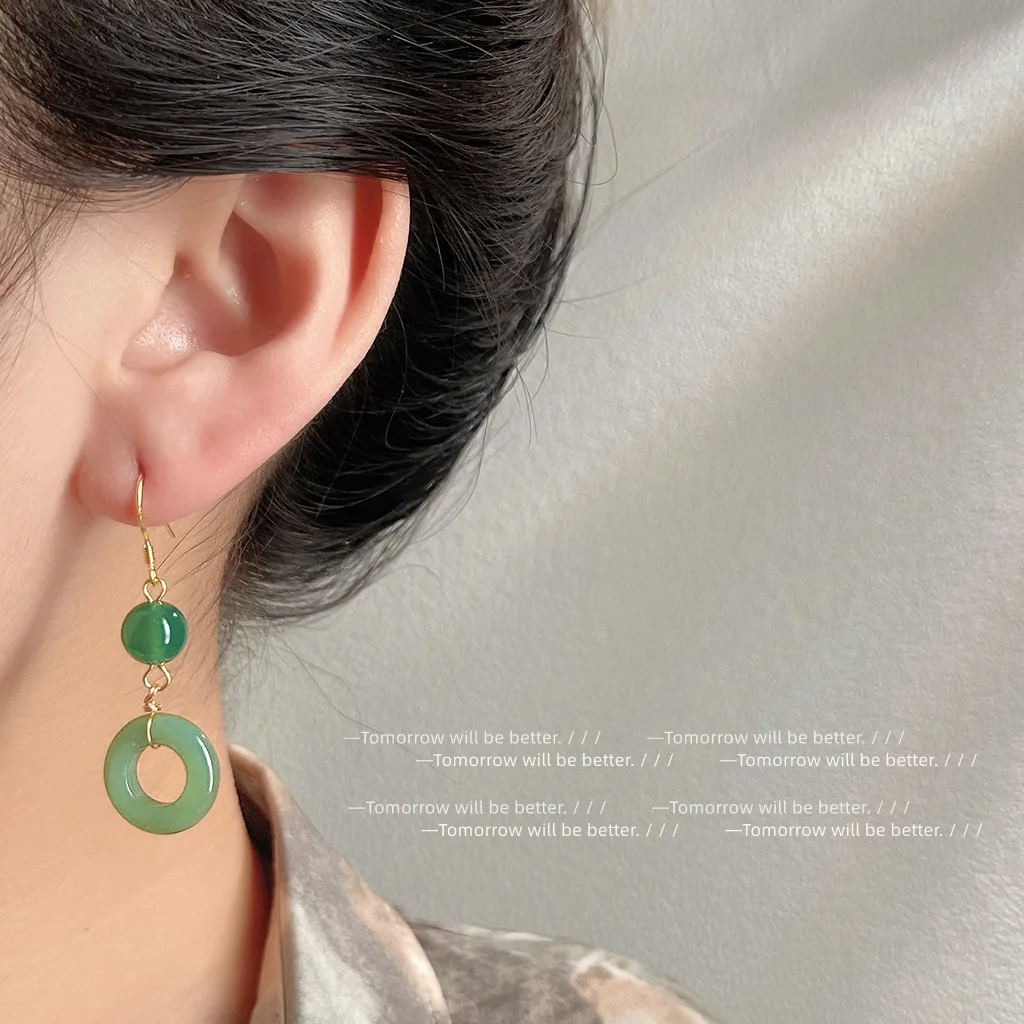 Vintage Fashion Earrings - Green Real Jade Ring Earrings Lucky