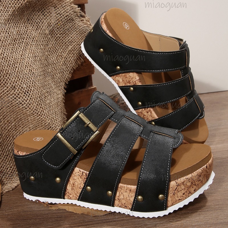 Vintage And Modern Fashion - Vintage Buckle Strap Wedge Slide Sandals