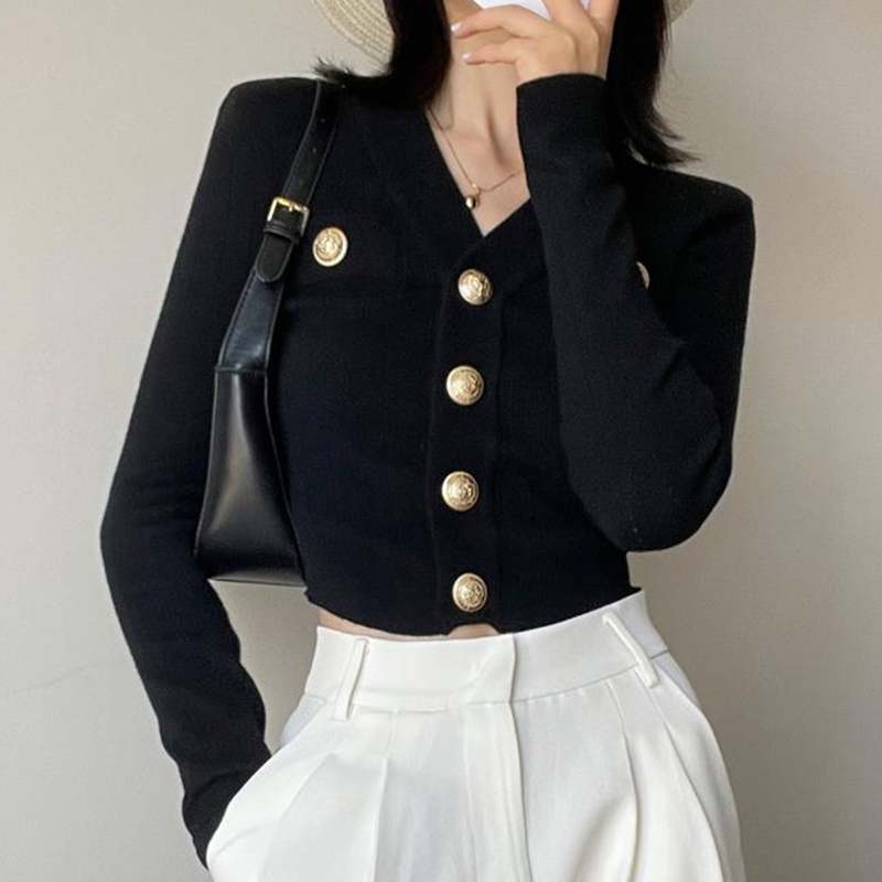 Crop Cardigan Vintage - Gold Button Front Knit Cardigan Women